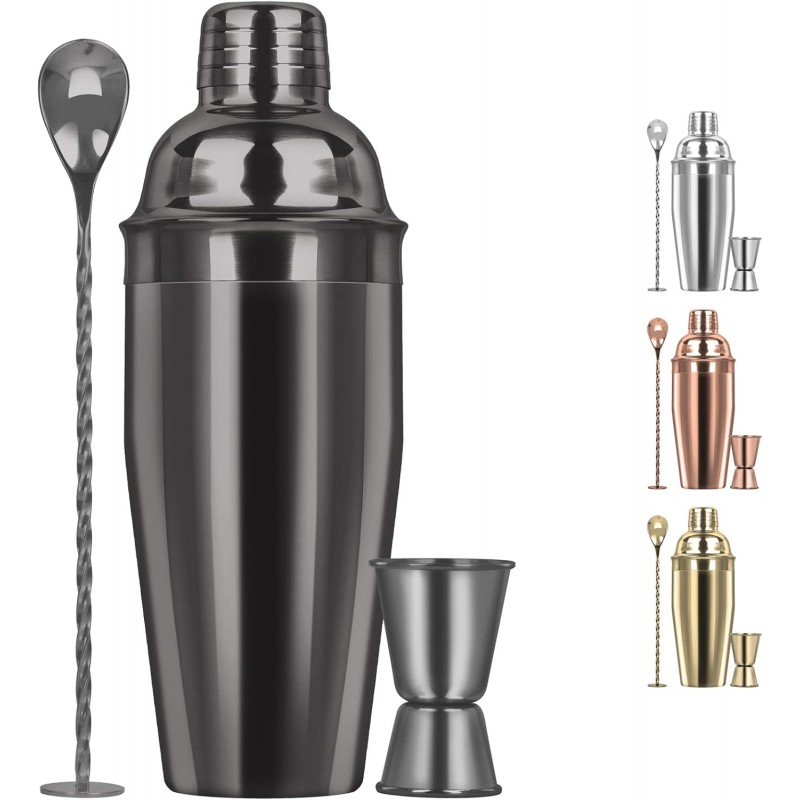 Large 24oz Cocktail Shaker Set, Stainless Steel 18/8 Martini Mixer Shaker with Built-in Strainer, Measuring Jigger & Mixing Spoon, Martini Shaker Set, Perfect for Bartender and Home Use, Black