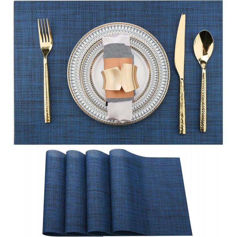 SLKQG Navy Blue Placemats Set of 4 - Easy Clean Washable Vinyl Placemats - Wipeable Heat Resistant Table Mats for Dining Table - 17x12 Inch (Navy Blue, 4)
