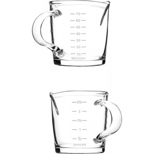 QWORK Espresso Shot Glass with Handle, 2 Pack 3-Ounce Double Spout Glass Measuring Cup Triple Pitcher Milk Cup with Two Scales (OZ&ML)