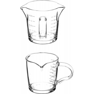 QWORK Espresso Shot Glass with Handle, 2 Pack 3-Ounce Double Spout Glass Measuring Cup Triple Pitcher Milk Cup with Two Scales (OZ&ML)