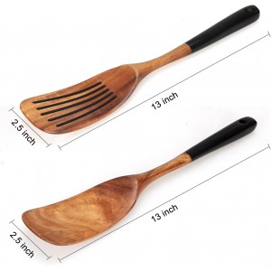 2 Pcs Wooden Spatula Set for Cooking Non Toxic Teak Kitchen Utensils Slotted Pancake Turner Flat Wood Wok Spatulas Bamboo Spoon for Cooking Utensil Set Spurtle Scraper Black Fish Egg Flipper Spatula