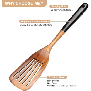 2 Pcs Wooden Spatula Set for Cooking Non Toxic Teak Kitchen Utensils Slotted Pancake Turner Flat Wood Wok Spatulas Bamboo Spoon for Cooking Utensil Set Spurtle Scraper Black Fish Egg Flipper Spatula