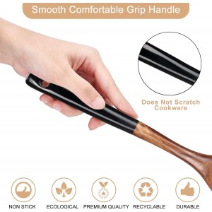 2 Pcs Wooden Spatula Set for Cooking Non Toxic Teak Kitchen Utensils Slotted Pancake Turner Flat Wood Wok Spatulas Bamboo Spoon for Cooking Utensil Set Spurtle Scraper Black Fish Egg Flipper Spatula