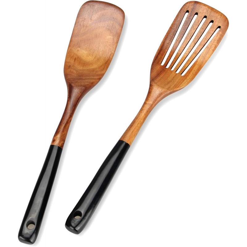 2 Pcs Wooden Spatula Set for Cooking Non Toxic Teak Kitchen Utensils Slotted Pancake Turner Flat Wood Wok Spatulas Bamboo Spoon for Cooking Utensil Set Spurtle Scraper Black Fish Egg Flipper Spatula