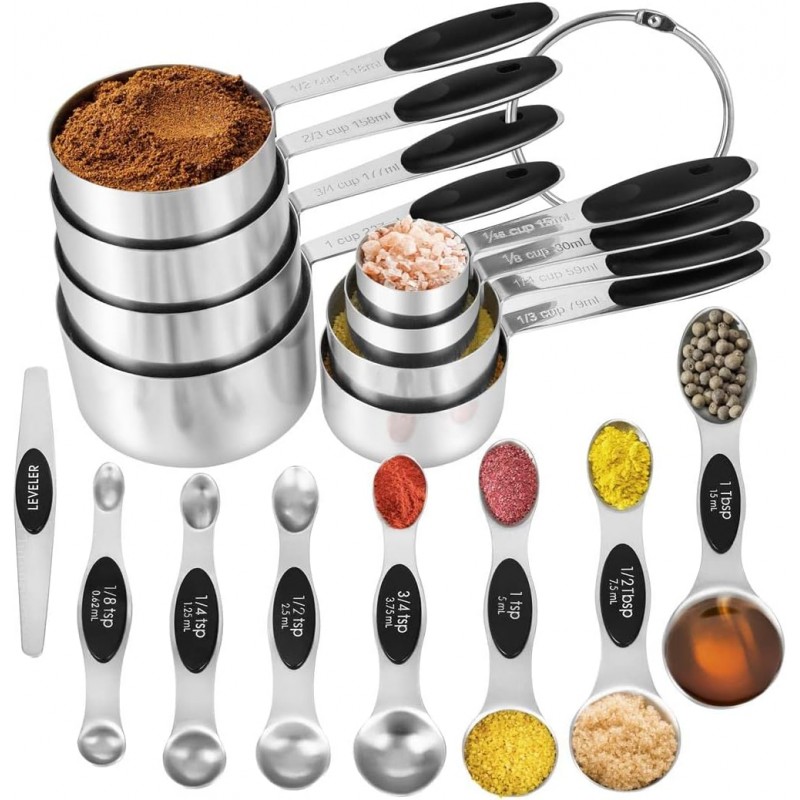 16 Pieces Measuring Cups and Magnetic Measuring Spoons Set Stainless Steel,8 Measure Cups with Silicone Handle and 7 Double Sided Magnetic Measure Spoons & 1 Leveler
