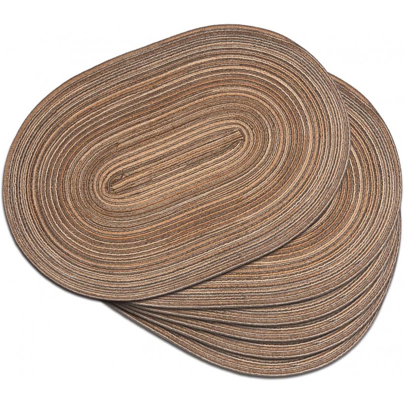 Noctiflorous Woven Oval Braided Placemats Set of 6-12 x 17.5 Inch Washable Non-Slip Heat Resistant Table Mats for Kitchen and Dining（Brown, 6）
