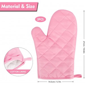 Heat Resistant Thick Cotton Oven Mitts Set, Soft Quilted Lining, Strong Grip Potholders for Hot Pans and Oven, Kitchen Mitt Pair Protect Hands, Cooking Baking BBQ Gloves, 11 Inch, Pink