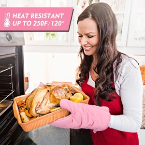 Heat Resistant Thick Cotton Oven Mitts Set, Soft Quilted Lining, Strong Grip Potholders for Hot Pans and Oven, Kitchen Mitt Pair Protect Hands, Cooking Baking BBQ Gloves, 11 Inch, Pink