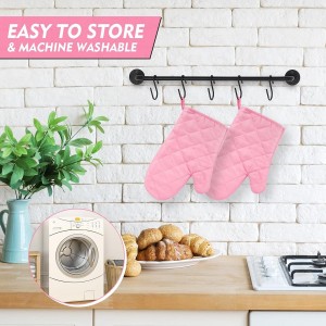 Heat Resistant Thick Cotton Oven Mitts Set, Soft Quilted Lining, Strong Grip Potholders for Hot Pans and Oven, Kitchen Mitt Pair Protect Hands, Cooking Baking BBQ Gloves, 11 Inch, Pink