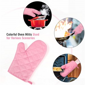 Heat Resistant Thick Cotton Oven Mitts Set, Soft Quilted Lining, Strong Grip Potholders for Hot Pans and Oven, Kitchen Mitt Pair Protect Hands, Cooking Baking BBQ Gloves, 11 Inch, Pink