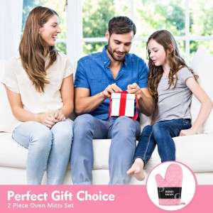 Heat Resistant Thick Cotton Oven Mitts Set, Soft Quilted Lining, Strong Grip Potholders for Hot Pans and Oven, Kitchen Mitt Pair Protect Hands, Cooking Baking BBQ Gloves, 11 Inch, Pink