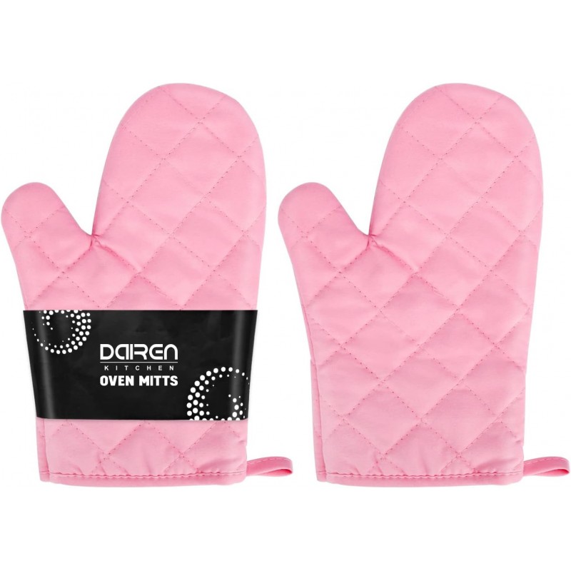 Heat Resistant Thick Cotton Oven Mitts Set, Soft Quilted Lining, Strong Grip Potholders for Hot Pans and Oven, Kitchen Mitt Pair Protect Hands, Cooking Baking BBQ Gloves, 11 Inch, Pink