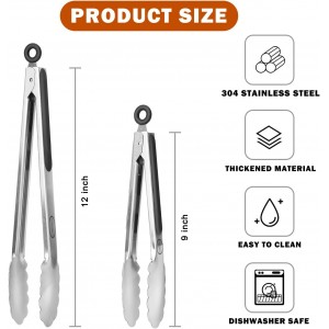 TACGEA Stainless Steel Kitchen Tongs, Silicone Non-slip Grip, Locking Grilling Food Tongs Set of 2, 9-inch & 12-inch