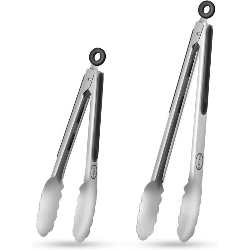 TACGEA Stainless Steel Kitchen Tongs, Silicone Non-slip Grip, Locking Grilling Food Tongs Set of 2, 9-inch & 12-inch