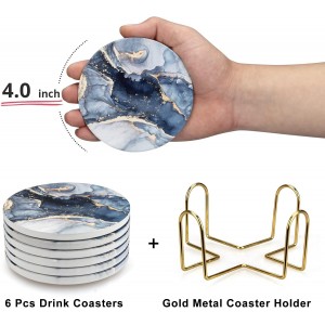 Coasters Set of 6, Navy Blue Marble Abstract Round Ceramic Coasters with Holder, Best Absorbent Drink Coaster Set, Coffee Table Decor for Home Decor House Warming Gifts New Home