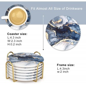 Coasters Set of 6, Navy Blue Marble Abstract Round Ceramic Coasters with Holder, Best Absorbent Drink Coaster Set, Coffee Table Decor for Home Decor House Warming Gifts New Home