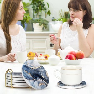 Coasters Set of 6, Navy Blue Marble Abstract Round Ceramic Coasters with Holder, Best Absorbent Drink Coaster Set, Coffee Table Decor for Home Decor House Warming Gifts New Home