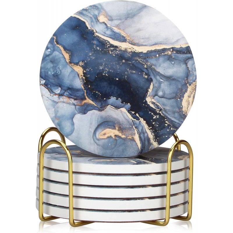 Coasters Set of 6, Navy Blue Marble Abstract Round Ceramic Coasters with Holder, Best Absorbent Drink Coaster Set, Coffee Table Decor for Home Decor House Warming Gifts New Home