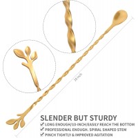 AnSaw Gold 10-Inch Stainless Steel Cocktail Spoon with Leaf Handle - Perfect for Mixing & Layering Drinks in Tall Cups, Bar & Shakers - Durable Long Handle Bar Stirrer,2-Pieces