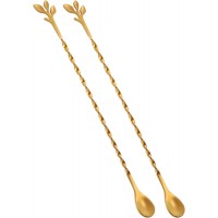 AnSaw Gold 10-Inch Stainless Steel Cocktail Spoon with Leaf Handle - Perfect for Mixing & Layering Drinks in Tall Cups, Bar & Shakers - Durable Long Handle Bar Stirrer,2-Pieces