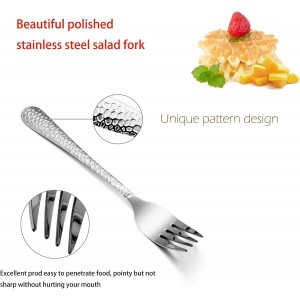Hammered Salad Forks Set of 6, E-far Stainless Steel Appetizer Dessert Forks, Silverware Flatware Small Forks, Mirror Finish, Dishwasher Safe - 6.7 Inches