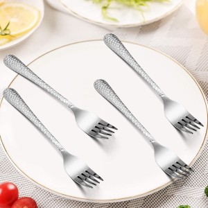 Hammered Salad Forks Set of 6, E-far Stainless Steel Appetizer Dessert Forks, Silverware Flatware Small Forks, Mirror Finish, Dishwasher Safe - 6.7 Inches