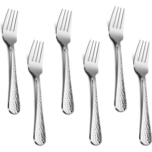 Hammered Salad Forks Set of 6, E-far Stainless Steel Appetizer Dessert Forks, Silverware Flatware Small Forks, Mirror Finish, Dishwasher Safe - 6.7 Inches