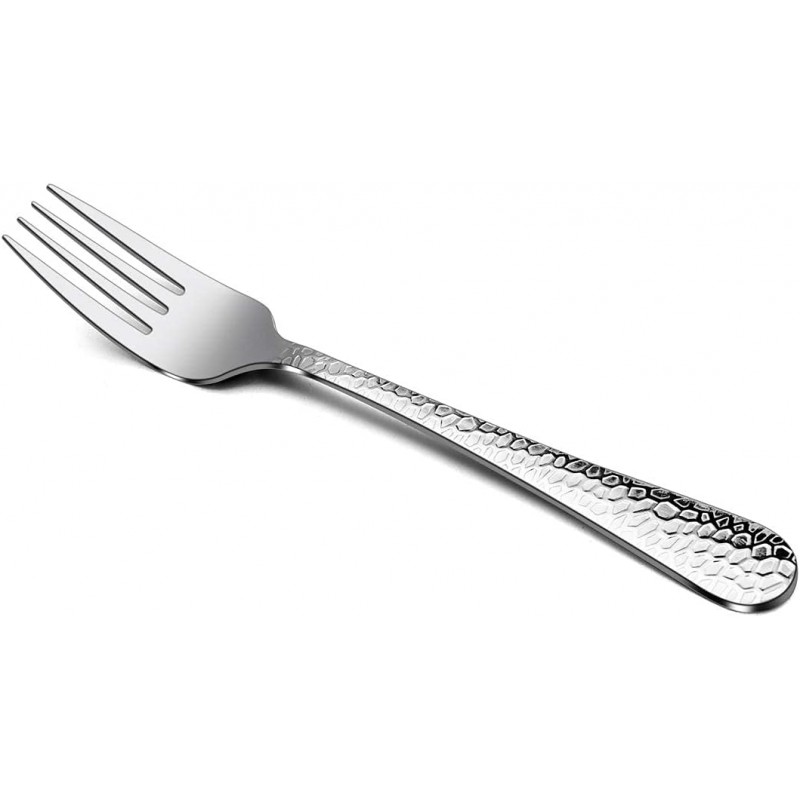 Hammered Salad Forks Set of 6, E-far Stainless Steel Appetizer Dessert Forks, Silverware Flatware Small Forks, Mirror Finish, Dishwasher Safe - 6.7 Inches