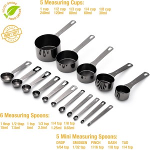 16 Pcs Stainless Steel Measuring Cups and Measuring Spoons Set, Heavy Duty Metal Measuring Cups and Scoops for Kitchen Cooking Baking Includes 5 Cups, 6 Tbsp Tsp Spoons & 5 Mini Spoons(BLK)