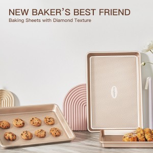 HONGBAKE Baking Sheet Pan Set of 3, Cookie Sheets for Oven, Nonstick Half/Quarter/Jelly Roll Pans with Diamond Texture Pattern, 0.8mm Thick Heavy Duty Cookie Tray, Champagne Gold