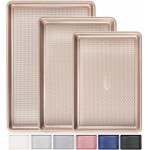 HONGBAKE Baking Sheet Pan Set of 3, Cookie Sheets for Oven, Nonstick Half/Quarter/Jelly Roll Pans with Diamond Texture Pattern, 0.8mm Thick Heavy Duty Cookie Tray, Champagne Gold
