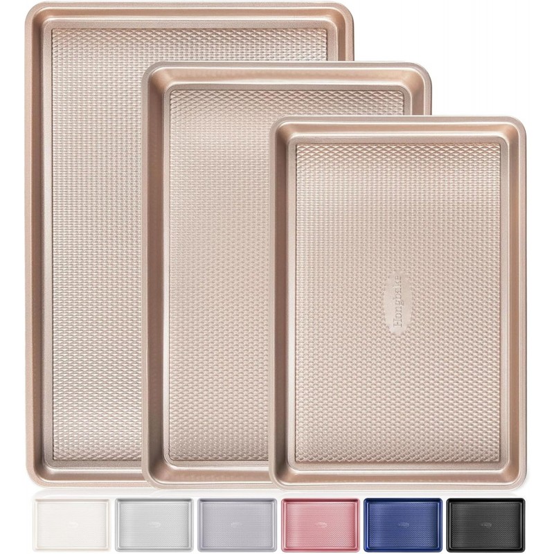HONGBAKE Baking Sheet Pan Set of 3, Cookie Sheets for Oven, Nonstick Half/Quarter/Jelly Roll Pans with Diamond Texture Pattern, 0.8mm Thick Heavy Duty Cookie Tray, Champagne Gold