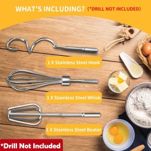 homicozy 3-Piece Stainless Steel Hand Mixer Attachment Set - Whisk, Dough Hook, Egg Beater for Drills - Dishwasher Safe, 7.5 Inch (Drill Not Included)