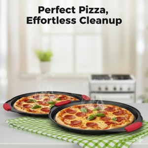 NutriChef 2-Piece 13-Inch Nonstick Pizza Tray, Round Carbon Steel Non-Stick Pizza Pan with Perforated Holes, Premium Bakeware Pizza Screen with Silicone Grip Handles, Dishwasher Safe, NCBPIZX2