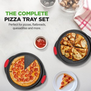 NutriChef 2-Piece 13-Inch Nonstick Pizza Tray, Round Carbon Steel Non-Stick Pizza Pan with Perforated Holes, Premium Bakeware Pizza Screen with Silicone Grip Handles, Dishwasher Safe, NCBPIZX2