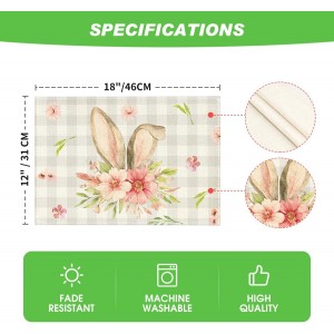 Artoid Mode Buffalo Plaid Bunny Rabbit Ears Flower Easter Placemats for Dining Table, 12 x 18 Inch Spring Summer Seasonal Holiday Rustic Vintage Washable Table Mats Set of 4