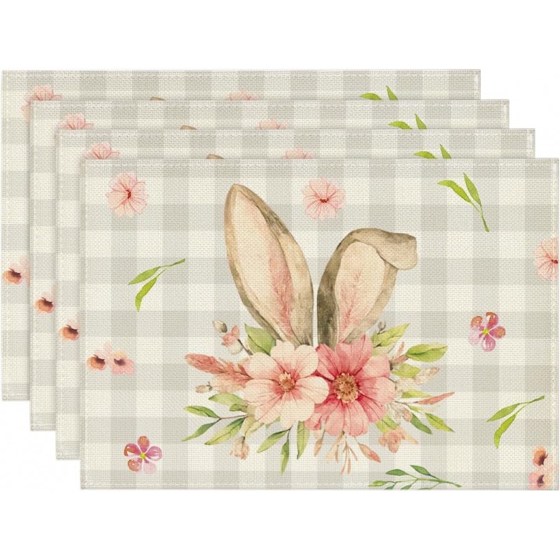 Artoid Mode Buffalo Plaid Bunny Rabbit Ears Flower Easter Placemats for Dining Table, 12 x 18 Inch Spring Summer Seasonal Holiday Rustic Vintage Washable Table Mats Set of 4