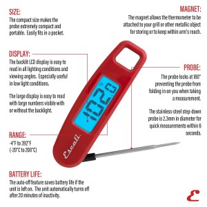 Escali Compact Portable Meat Candy Folding Digital Thermometer, Backlit Display Easy to Storage with Magnet, Red
