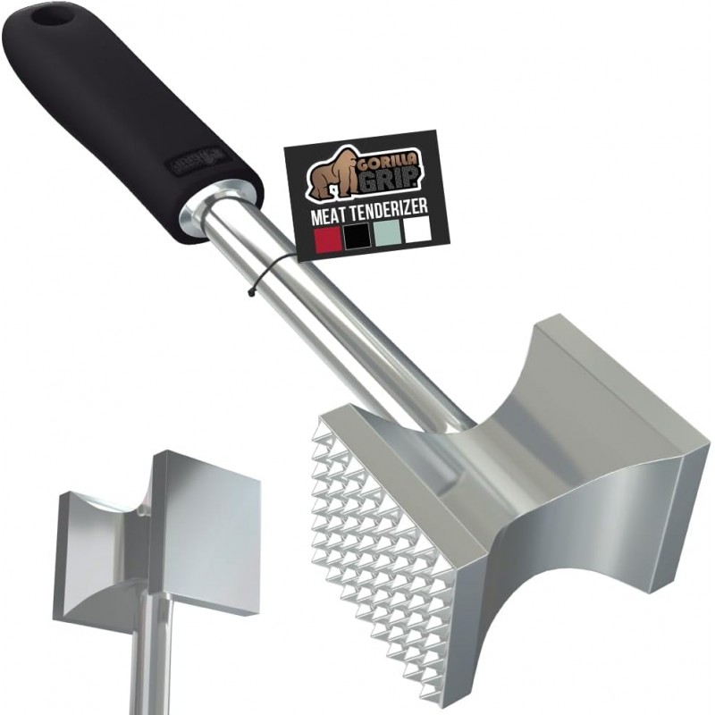 GORILLA GRIP BPA-Free Patented Dual-Sided Meat Tenderizer Tool, Soft Comfortable Handle with Hanging Hole, Heavy Duty Kitchen Mallet for Steak Beef Fish, Chicken Cutlet Pounder, Dishwasher Safe, Black