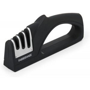 Farberware 3-Stage Knife Sharpener – Manual Kitchen Knife Sharpener with Diamond, Tungsten & Ceramic Sharpening Slots, Non-Slip Base, Ergonomic Handle, Handheld Knife Sharpening Tool, Black