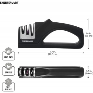 Farberware 3-Stage Knife Sharpener – Manual Kitchen Knife Sharpener with Diamond, Tungsten & Ceramic Sharpening Slots, Non-Slip Base, Ergonomic Handle, Handheld Knife Sharpening Tool, Black