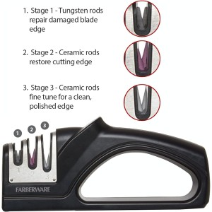 Farberware 3-Stage Knife Sharpener – Manual Kitchen Knife Sharpener with Diamond, Tungsten & Ceramic Sharpening Slots, Non-Slip Base, Ergonomic Handle, Handheld Knife Sharpening Tool, Black