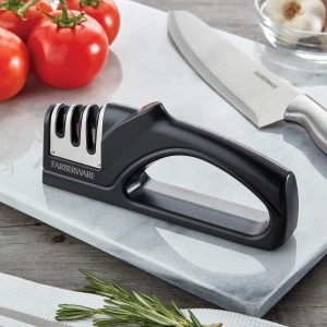 Farberware 3-Stage Knife Sharpener – Manual Kitchen Knife Sharpener with Diamond, Tungsten & Ceramic Sharpening Slots, Non-Slip Base, Ergonomic Handle, Handheld Knife Sharpening Tool, Black