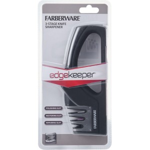 Farberware 3-Stage Knife Sharpener – Manual Kitchen Knife Sharpener with Diamond, Tungsten & Ceramic Sharpening Slots, Non-Slip Base, Ergonomic Handle, Handheld Knife Sharpening Tool, Black