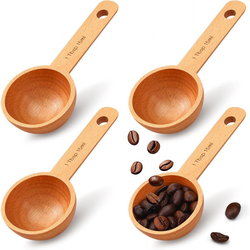 Sawysine 4 Pieces Wooden Scoops for Canisters,15ml Coffee Measure Scoop in Beech Wooden Tablespoon for Measuring Ground Coffee Beans, Tea, Sugar, Jars Home Kitchen Accessories