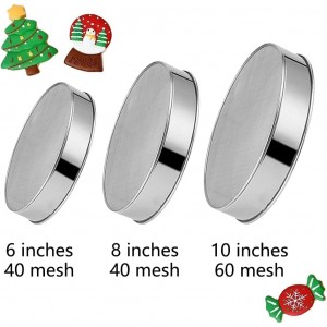 3 Pack Round Flour Sifter, Stainless Steel Fine Mesh Strainers Flour Sieve, 6 Inch and 8 Inch 40 Mesh 10 Inch 60 Mesh for Baking Straining Powdering Cake Bread Pies Pastries Muffin Cake