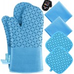 KEGOUU Oven Mitts and Pot Holders 6pcs Set, Kitchen Oven Glove High Heat Resistant 500 Degree Extra Long Oven Mitts and Potholder with Non-Slip Silicone Surface for Cooking (Sky Blue)