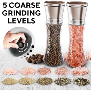 Premium Salt and Pepper Grinder Set of 2 - Two Refillable Stainless Steel Sea Salt & Spice Shakers with Adjustable Coarse Mills - Easy Clean Ceramic Grinders w/BONUS Silicone Funnel & Cleaning Brush
