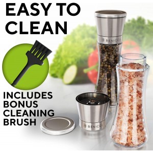 Premium Salt and Pepper Grinder Set of 2 - Two Refillable Stainless Steel Sea Salt & Spice Shakers with Adjustable Coarse Mills - Easy Clean Ceramic Grinders w/BONUS Silicone Funnel & Cleaning Brush