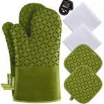 KEGOUU Oven Mitts and Pot Holders 6pcs Set, Kitchen Oven Glove High Heat Resistant 500 Degree Extra Long Oven Mitts and Potholder with Non-Slip Silicone Surface for Cooking (Olive Drab)